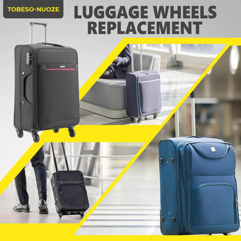 Luggage Wheels Replacement Kit with 4 Wear Resistant Spinner Casters Model H149 including 2 Left and 2 Right Wheels displayed on travel bags.