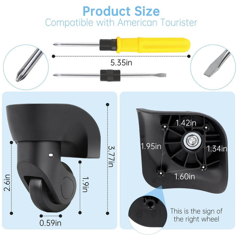 2 Pcs Luggage Wheels Replacement Compatible with American Tourister showing product dimensions and included screws and screwdriver.