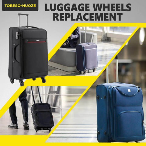 Dual Spinner Luggage Wheels Replacement Kit for Suitcase with Left and Right Silver Casters on various luggage styles.
