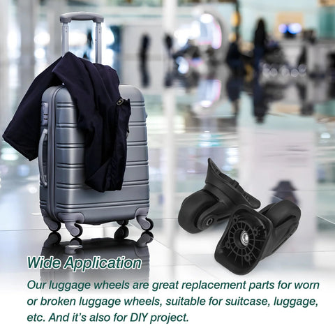 2 Pack Rubber Luggage Wheels Replacement Set with 360 Degree Swivel Caster For Suitcase Repair next to silver suitcase