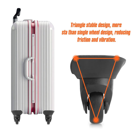 2 Pcs Luggage Replacement Wheels Model A73 with 360 Degree Swivel Rubber Casters displayed on suitcase, showcasing triangle design.