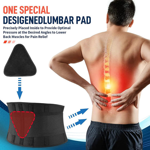 Man using back brace support belt for lower back pain and sciatica relief, with removable lumbar pad for scoliosis and herniated disc.