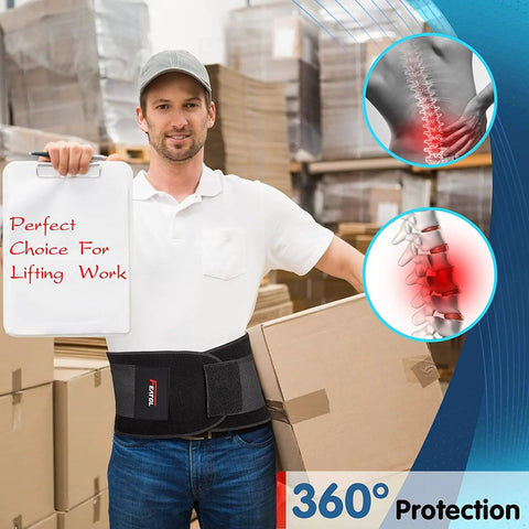 Man wearing Back Brace Support Belt For Lower Back Pain and Sciatica Relief while lifting boxes in a warehouse setting.
