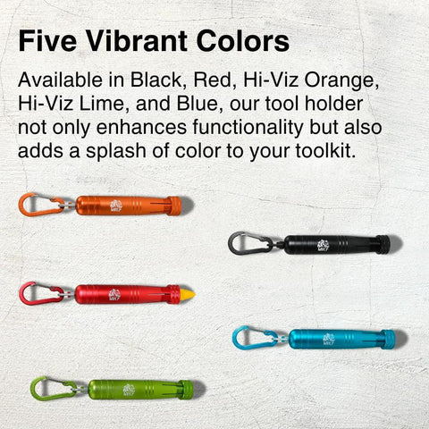 Colorful metal crayon holders with ambidextrous contoured grip in black, red, orange, lime, and blue, for 1/2 inch crayons.