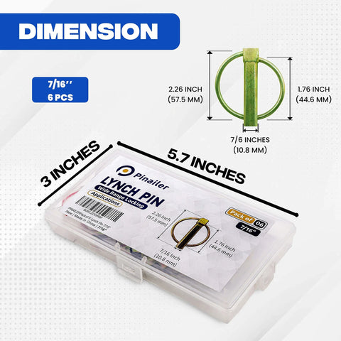 Lynch Pin Assortment Kit For Trucks Tractors Trailers And More With 6 Pins 7/16 x 1-3/4 Inches stainless steel in packaging with dimensions