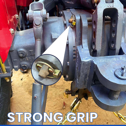 Lynch Pin Assortment Kit For Trucks Tractors Trailers And More With 6 Pins 7/16 X 1-3/4 Inches shown securing a hitch for wheel axle security.