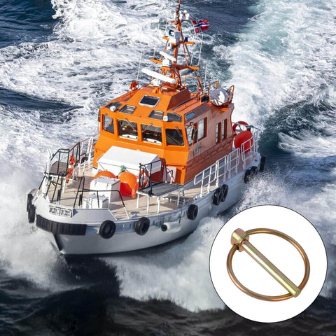 Orange and white rescue boat on ocean water with inset of a Beefy Lynch Pin Assortment Kit, 10 Heavy Duty Shaft Locking Pin.