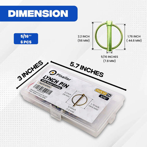 Six Piece Lynch Pin Kit With Ring For Trucks Trailers Tractors Lawnmowers Trolleys And More 5/16 By 1-3/4 Inch kit dimensions