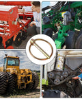 Beefy Lynch Pin Assortment Kit, shown in use with farm tractors, mowers, and trailers, 4.5mm diameter by 36mm length.