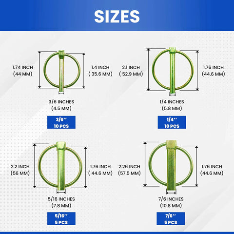 Lynch pin sizes chart from Heavy Duty Lynch Pin Assortment Kit 30-Piece Set For Trucks Tractors Trailers Trolleys And Lawn Mowers.