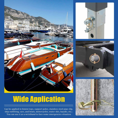 Lynch Pin And Lanyard Cable Kit With Quick Release Rings For Farm Gear on boats and metal structures, showcasing usage versatility.