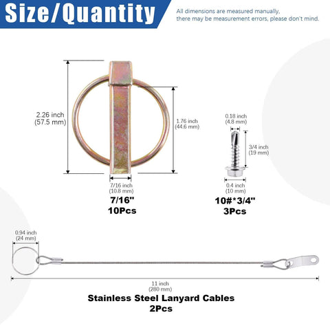 Detailed view of Lynch Pin And Lanyard Cable Kit With Quick Release Rings For Farm Gear, showing pin and lanyard dimensions.