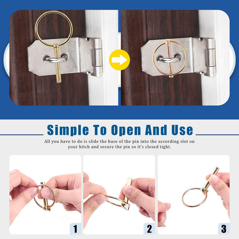 Lynch Pin And Lanyard Cable Kit With Quick Release Rings For Farm Gear - installation and operation steps shown with 15Pcs pins.