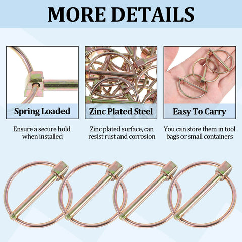 Heavy Duty Stainless Steel Lynch Pin Set With Ring 30 Pack close-up showing spring loaded zinc plated steel pins in hand