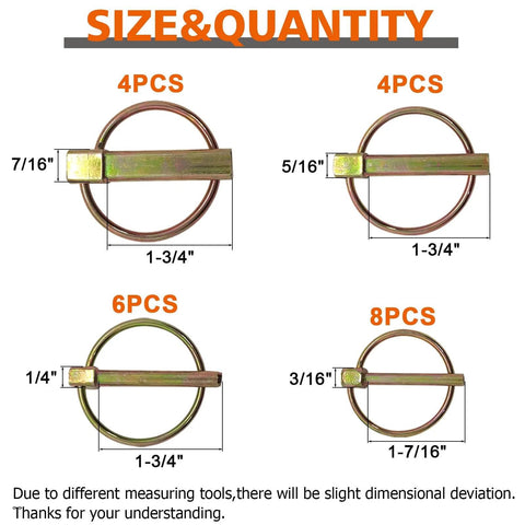 Diagram of 42 Piece Heavy Duty Lynch Pin And PTO Pin Set sizes for tractors, trailers, and equipment.