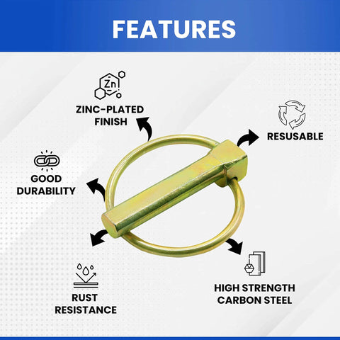 Heavy Duty Lynch Pin Assortment Kit features zinc-plated finish, reusability, rust resistance, and durability for hitch security.