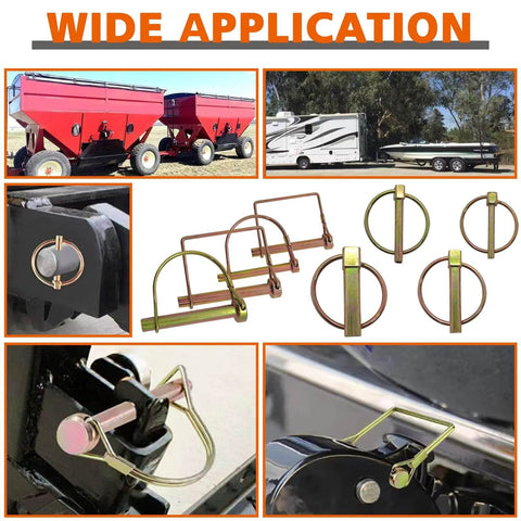 42 Piece Heavy Duty Lynch Pin And PTO Pin Set For Tractors Trailers Trucks Mowers And Lawn Garden Equipment, applications shown