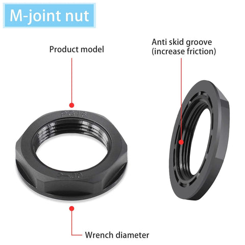 Close-up of M-joint nut for 10 Pack Waterproof Cable Glands And Joints For 6 To 12mm Cables M20x1.5 with labeled features.