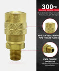 M-Style One Quarter Inch Male NPT Air Quick Connect Coupler For Industrial Use, brass fitting, 300 PSI, Kwik-Change compatible