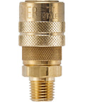 Front view of M-Style One Quarter Inch Male NPT Air Quick Connect Coupler For Industrial Use, brass finish, "M" Style engraving