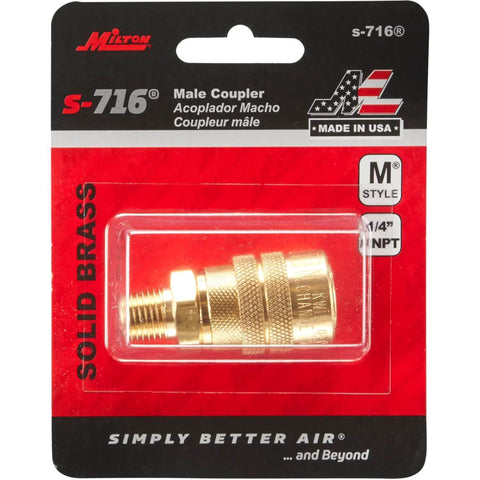 M-Style One Quarter Inch Male NPT Air Quick Connect Coupler packaged for industrial use, MIL-C-4109 compliant, front view