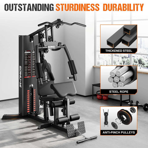 M1 Pro Workout Station with 140 lb weight stack, multifunctional home gym system with pulley network and adjustable seat in a fitness room.