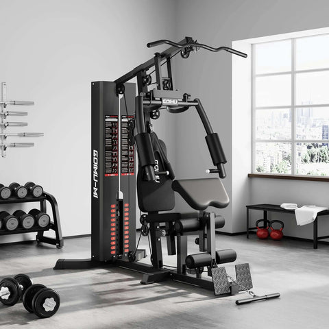 M1 Pro Workout Station With 140 Lb Weight Stack, multifunctional home gym system with pulley network and adjustable seat in home setting.