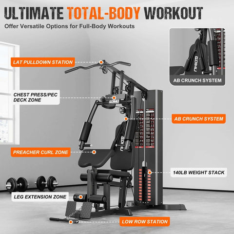 M1 Pro Workout Station With 140 Lb Weight Stack in a home gym setting showcasing chest press, leg extension and more features.