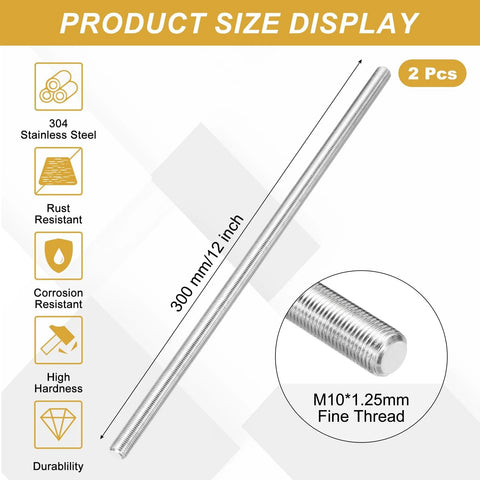 Two pack M10 x 1.25 stainless threaded rods, 300 mm long, 304 stainless steel, corrosion resistant, fully threaded