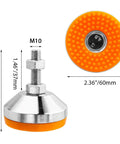 Heavy Duty M10 Thread Adjustable Machine Leveling Feet Set Of 2 With Tough Rubber Base For Grippy Non Slip Vibration Dampening And Stability Each Pad Handles Up To 1000KG Perfect For CNC Machines Heavy Furniture And Industrial Equipment By Evponk, side and top view with dimensions.