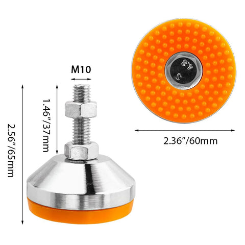 Heavy Duty M10 Thread Adjustable Machine Leveling Feet Set Of 2 With Tough Rubber Base For Grippy Non Slip Vibration Dampening And Stability Each Pad Handles Up To 1000KG Perfect For CNC Machines Heavy Furniture And Industrial Equipment By Evponk, side and top view with dimensions.