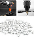 M10 100 Pcs Aluminum Flat Head Pull Riveting Nuts Set with fasteners and tool for auto DIY projects and industrial machinery installations.