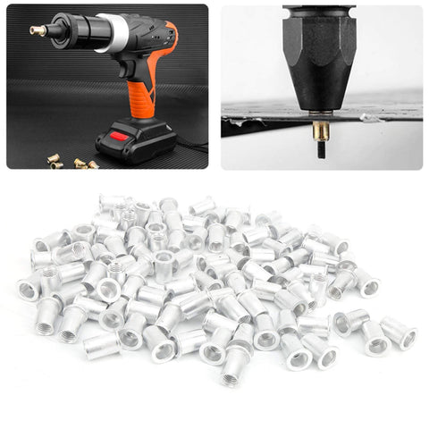 M10 100 Pcs Aluminum Flat Head Pull Riveting Nuts Set with fasteners and tool for auto DIY projects and industrial machinery installations.