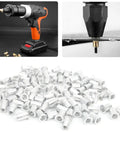 M10 Aluminum Pull Riveting Nuts Flat Head For Tight Spaces 100 Pcs Set WJ30045 shown with a riveting tool and application close-up.