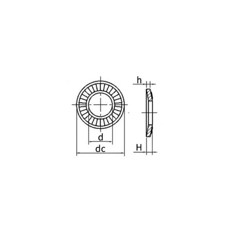 Technical diagram of Set Of 5 M10 Belleville Washers 27mm Conical Disc Spring Washers 304 Stainless, showing dimensions and side view.