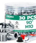 30 Piece M10 Grease Fittings Kit with 90 Degree Zerk Fittings Caps and 10mm Wrench, ideal for confined spaces and machinery maintenance