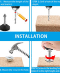 Installation steps for 4 Pack Adjustable M10 Leveling Feet with T Nuts for furniture and machinery, non-slip swivel rubber design.