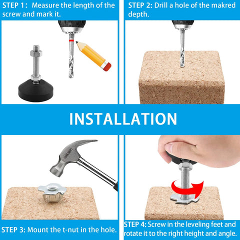 Installation steps for 4 Pack Adjustable M10 Leveling Feet with T Nuts for furniture and machinery, non-slip swivel rubber design.