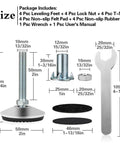 Four heavy duty M10 swivel adjustable leveling feet with T Nut for screw on cabinet, table, and chair legs; 2 inch base diameter and 2 inch bolt length provide solid leveling, while felt and rubber anti-slip pads protect floors and prevent sliding shown with additional components and dimensions.