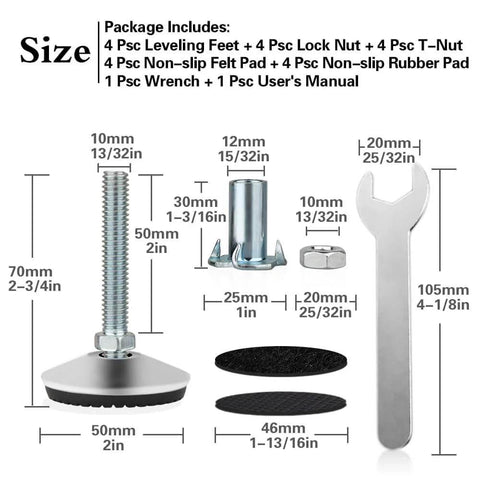 Four heavy duty M10 swivel adjustable leveling feet with T Nut for screw on cabinet, table, and chair legs; 2 inch base diameter and 2 inch bolt length provide solid leveling, while felt and rubber anti-slip pads protect floors and prevent sliding shown with additional components and dimensions.