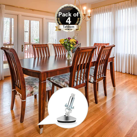 Dining room with table and chairs showing four heavy duty M10 swivel adjustable leveling feet with T Nut, 2 inch base diameter.