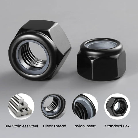 M10 1.5 Nylon Insert Lock Nuts Pack Of 20 Self Locking Nylock Nuts Hex Coarse Thread DIN 985 304 Stainless Steel Black Zinc Plated A2 70