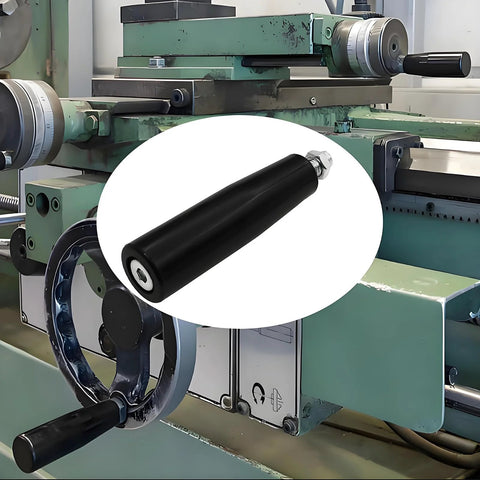Close-up of Revolving Hand Knob M10 Lathe Crank Knob Thread Handle 80mm Length, Plastic Housing with Metal Nut on machinery.