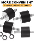 Eight M10 rubber isolator mounts with double studs shown with hex locknuts, suitable for vibration damping in air compressors.