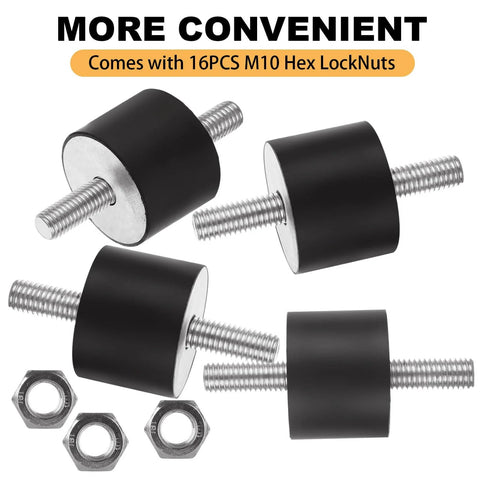 Eight M10 rubber isolator mounts with double studs shown with hex locknuts, suitable for vibration damping in air compressors.