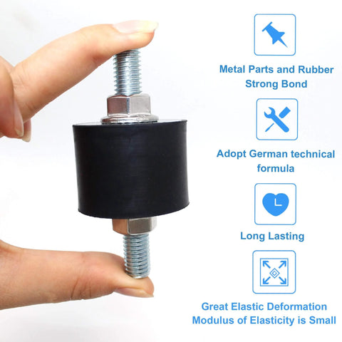 M10 40x30 Mm Rubber Isolator Mounts With Double Studs And 8 Locknuts, Zinc Coated Steel, held between fingers