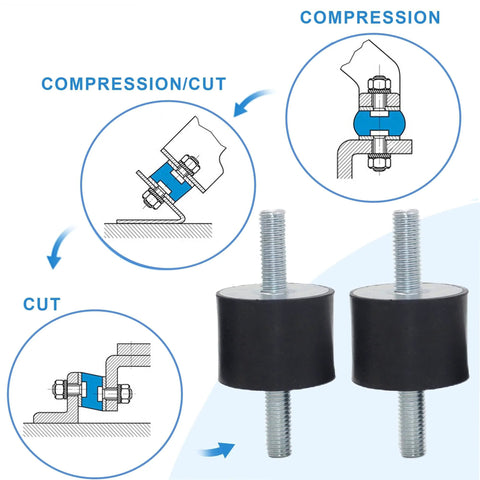 M10 40x30 Mm rubber isolator mounts with studs and locknuts, showing compression and cut diagrams, zinc coated steel.