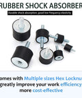 M10 40x30 Mm Rubber Isolator Mounts With Double Studs And 8 Locknuts, shown in various sizes, with hex locknuts included