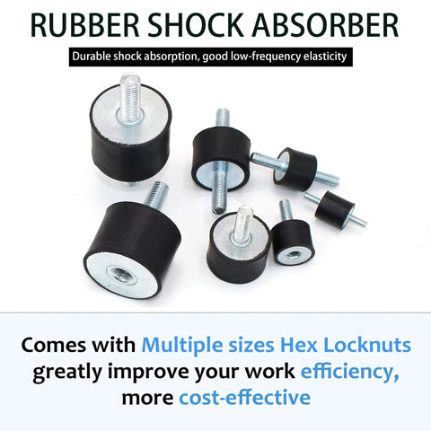 M10 40x30 Mm Rubber Isolator Mounts With Double Studs And 8 Locknuts, shown in various sizes, with hex locknuts included