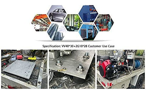 Heavy duty M10 40x30 mm rubber isolator mounts with double studs and locknuts shown installed in various machinery setups